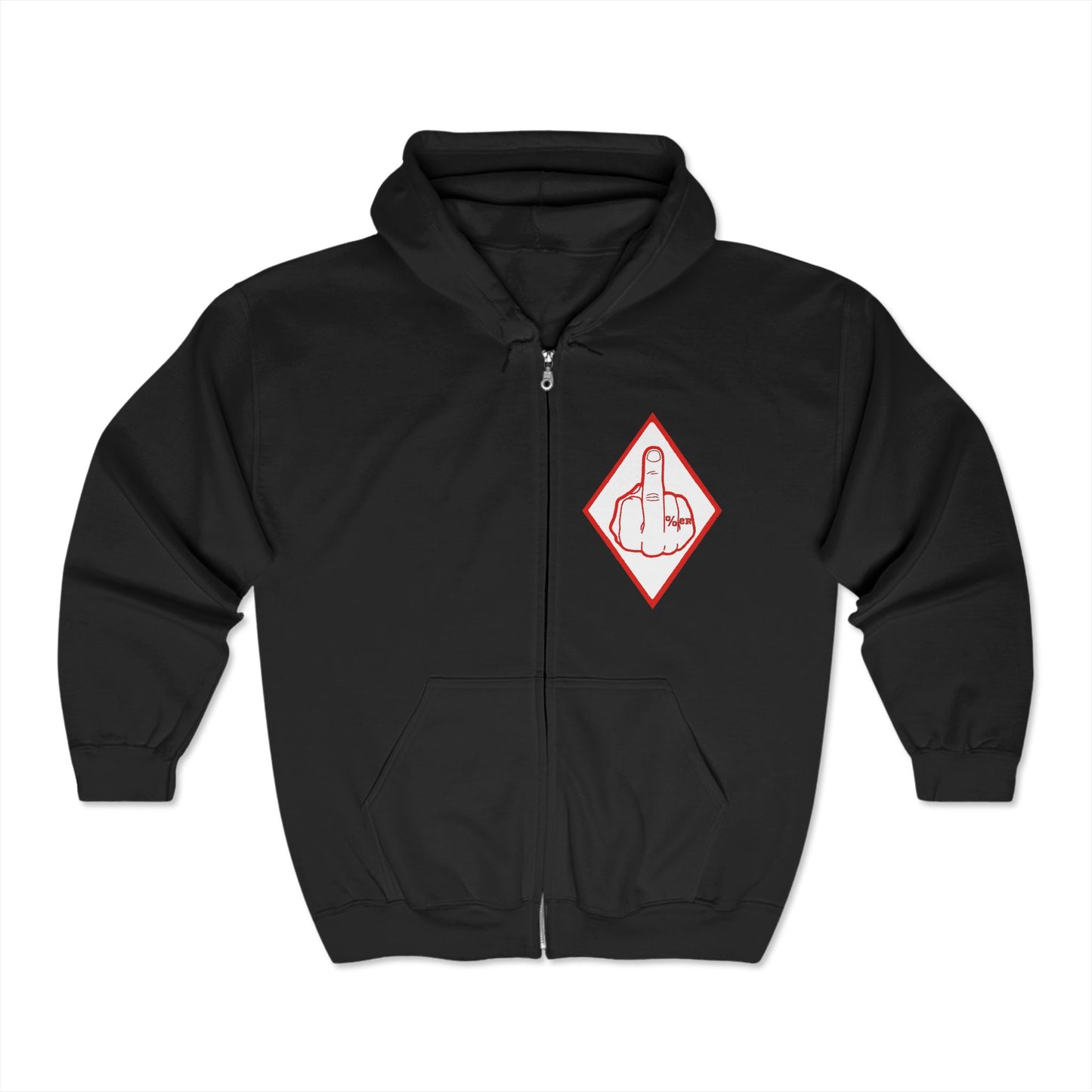 Red and White Middle Finger One Percenter Diamond Hoodie, Rebel Biker Zip Up Sweatshirt, Outlaw Motorcycle Gang Jacket, Edgy Punk Rocker